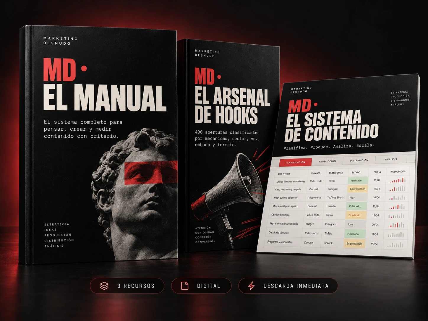 Pack Marketing Desnudo con El Manual, El Arsenal de Hooks y El Sistema de Contenido
